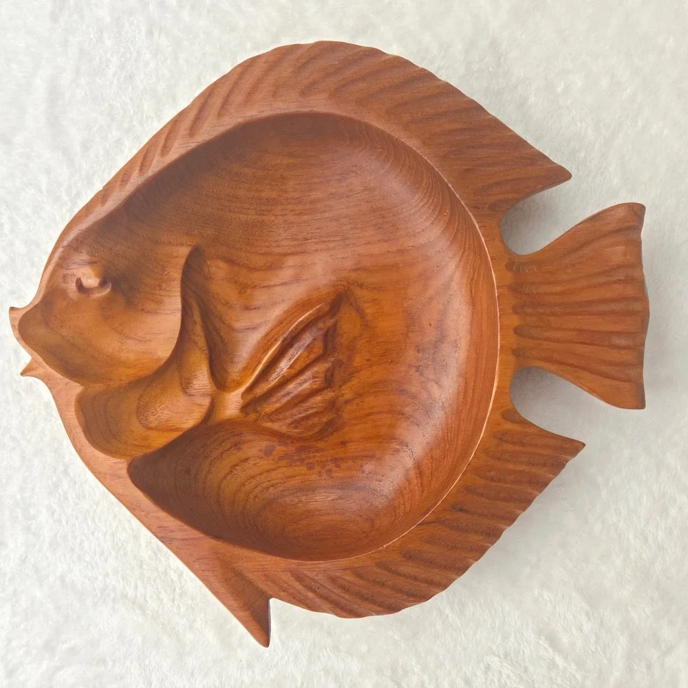 Vintage Hand Carved Wooden Fish Serving Bowl Large 12in Brown Tropical Teak Bowl